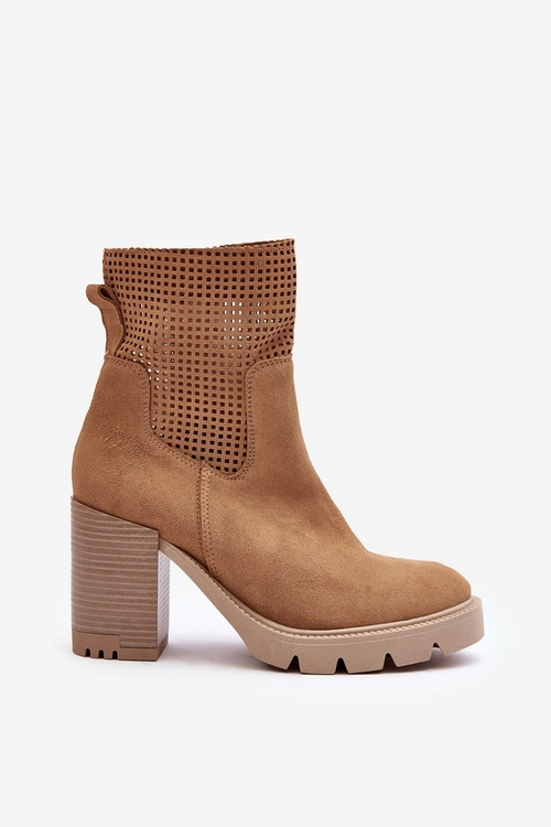 Zamszowe Ażurowe Botki Damskie Na Słupku Camel Lewski 3386