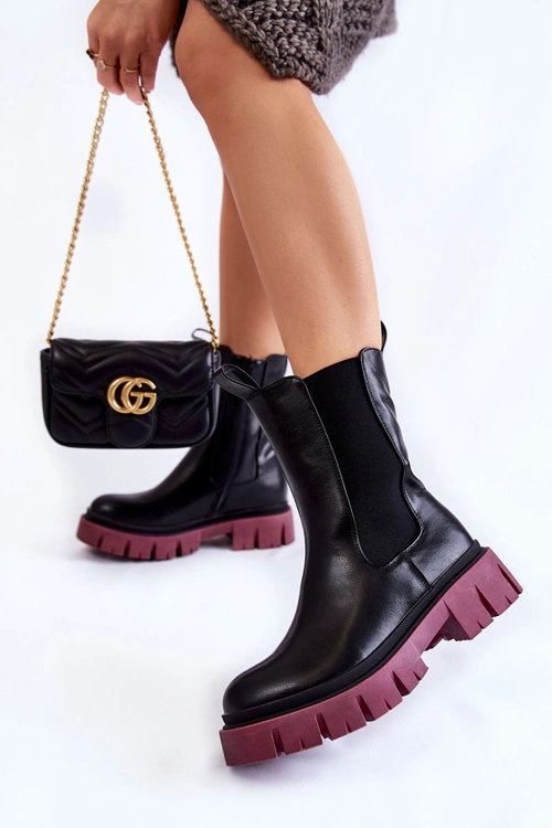 Damskie Botki Workery Na Platformie Czarno-Bordowe Aliana