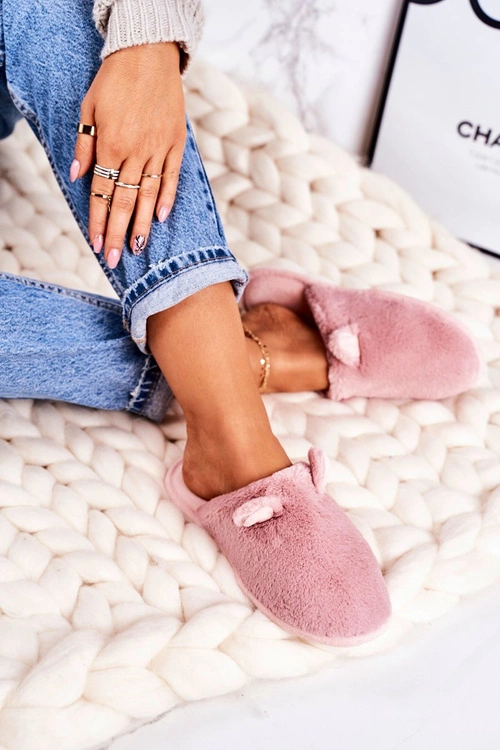 Damskie Futrzane Papcie Z Uszami Pudrowy Róż Hippo