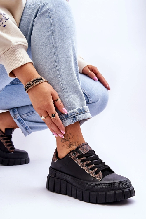 Damskie Skórzane Buty Sportowe Na Platformie Czarne Alison