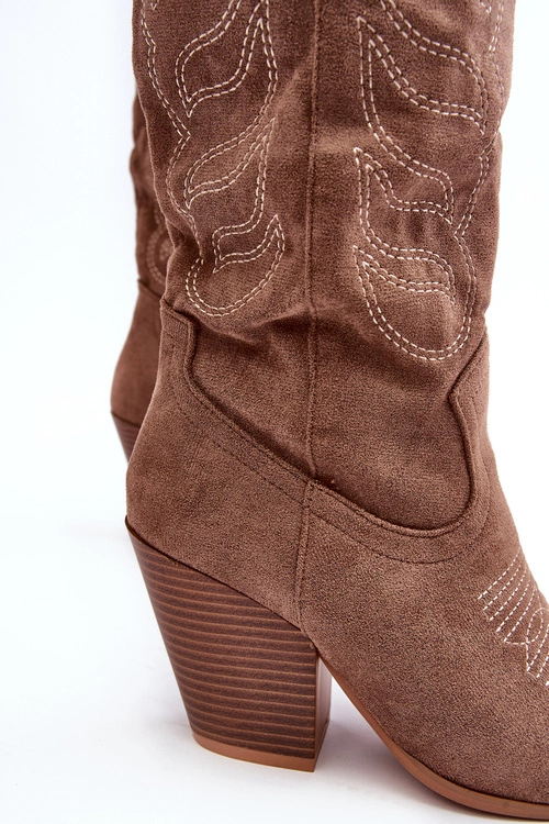 Damskie Kozaki Kowbojki Na Obcasie Ciemnobeżowe Tomani