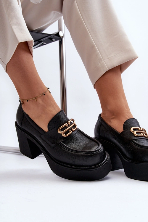 Zazoo 20170 Półbuty Skórzane Damskie Na Słupku Czarne