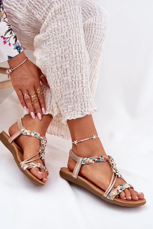 Sandały Damskie Płaskie Z Plecionymi Paskami I Przypinkami Artiker 54C1323 Złote