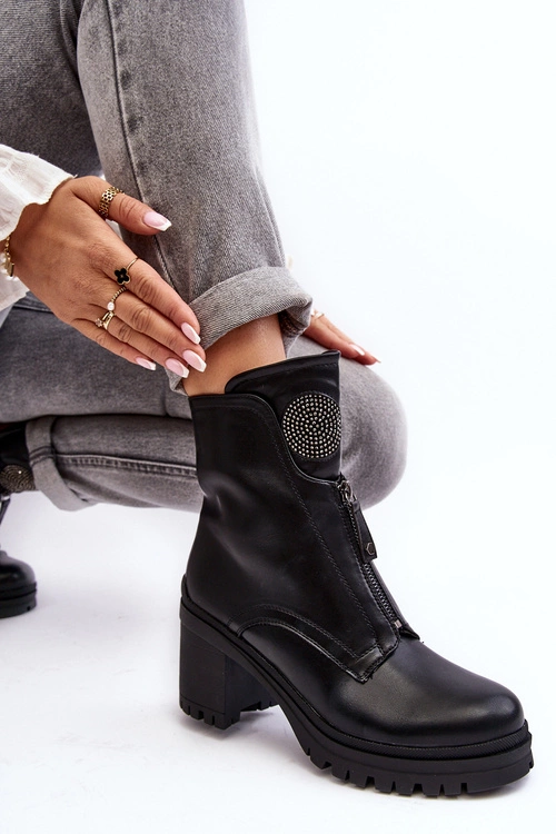 Damskie Skórzane Botki Z Dżetami Czarne Rosie