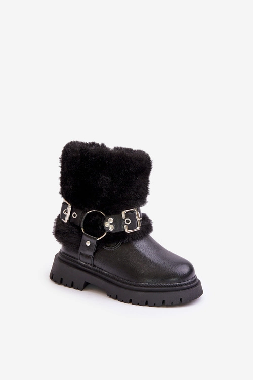 Eko Skórzane Botki Dziewczęce Z Futerkiem I Klamrami Czarne Cartemes