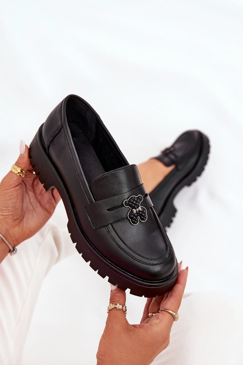 Skórzane Mokasyny Damskie Z Przypinką Miś Vinceza 18109 Czarne