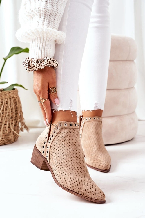 Ażurowe Botki Z Wycięciami Beżowe Western