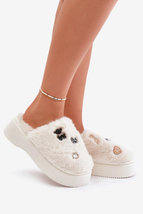 Futrzane Kapcie Damskie Na Grubej Podeszwie Z Przypinkami Jasnobeżowe Zintoria