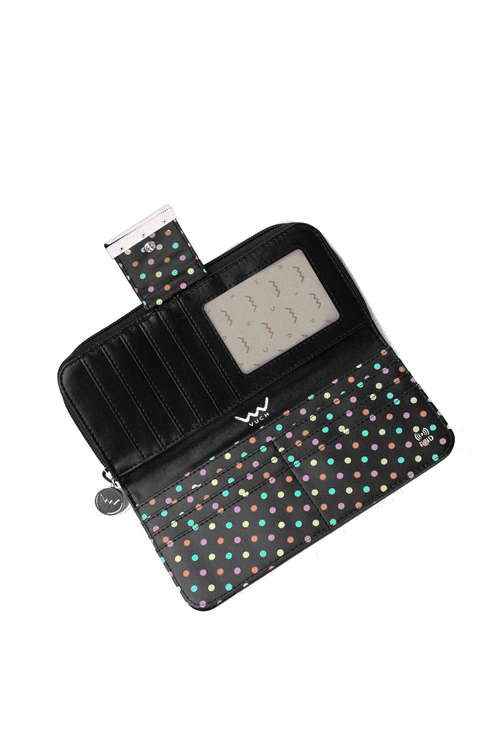 Damski Duży Portfel Na Suwak Kropki Czarny Lunelly