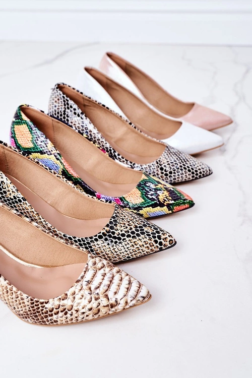 Skórzane Czółenka Z Wężowym Wzorem Lewski Shoes 2801 Złote