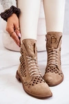 Zazoo 2695 Ażurowe Skórzane Botki Camel 