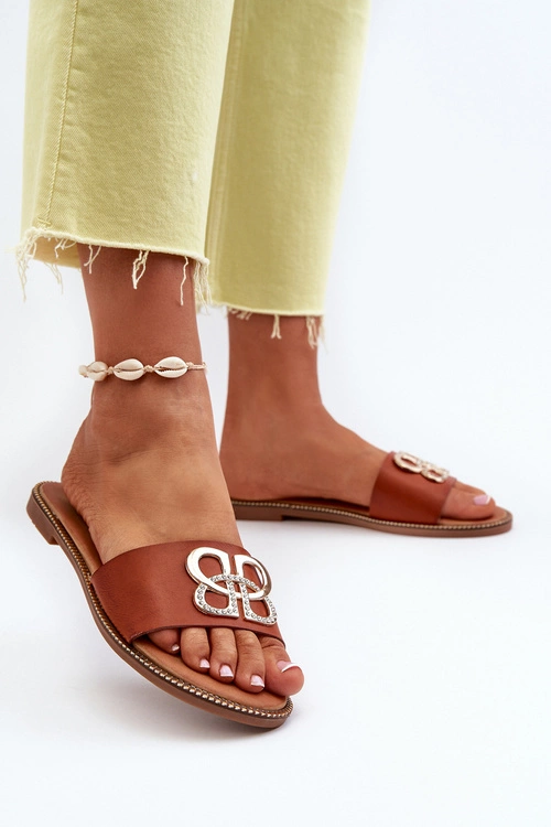 Klapki Damskie Z Ozdobą Eko Skórzane Na Płaskim Obcasie Brązowe Sadria