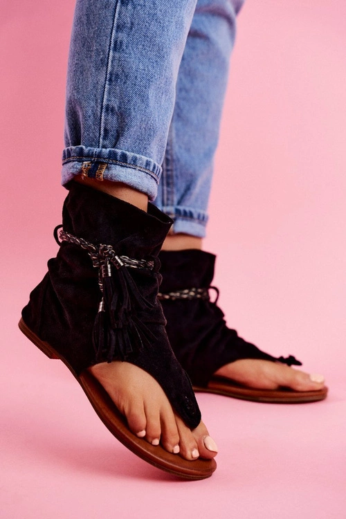 Damskie Sandałki Japonki Z Cholewką Czarne SL1011 Madrit