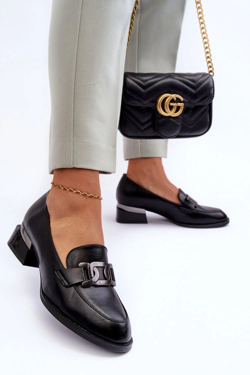 Skórzane Półbuty Mokasyny Na Obcasie Czarne Sakina