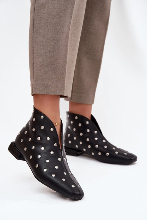 Botki Damskie Na Delikatnym Obcasie Ze Srebrnym Zdobieniem Czarne Rosalind