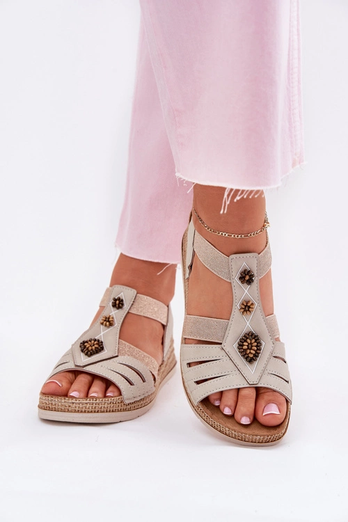 Sandały Damskie Na Koturnie Z Ozdobami Inblu RV000015 Jasnobeżowe