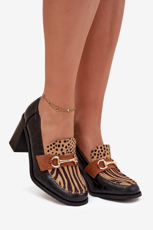 Półbuty Damskie Na Słupku Z Tłoczeniem I Złotym Detalem Czarno-Beżowe Novella