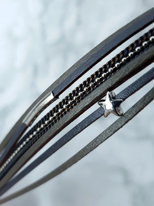 Damska Bransoleta Rzemień Szara Gwiazdka Michiko