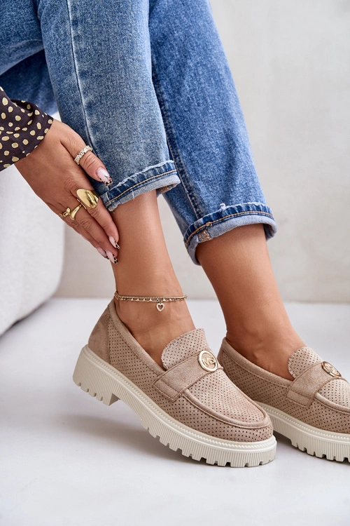 Damskie Półbuty Mokasyny Ze Złotym Detalem Khaki Arilva