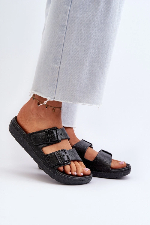 Klapki Damskie Z Brokatem Czarne Brianella