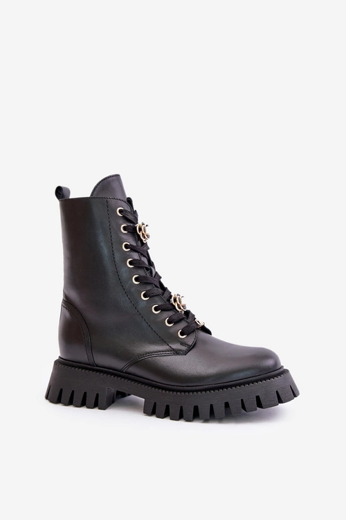 Skórzane Botki Workery Z Przypinkami Na Zamek CheBello 4553 Czarne