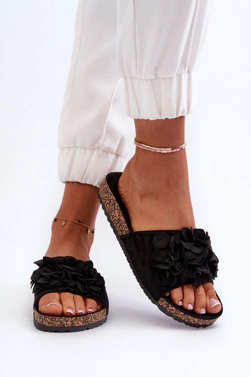 Klapki Damskie Na Korkowej Platformie Z Eko Zamszu Czarne Jaihini