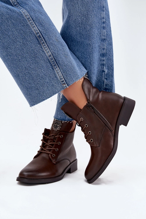 Niskie Botki Damskie Na Płaskim Obcasie Z Ozdobnym Detalem Ocieplane Brązowe Cylira