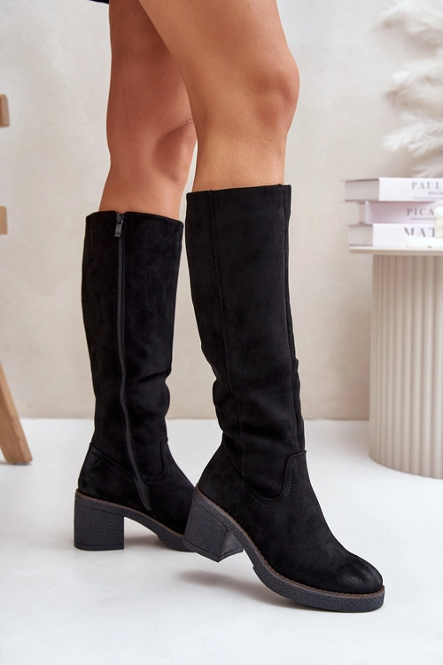 Ocieplane Kozaki Na Słupku Eko Zamszowe Przed Kolano Czarne Leamirael