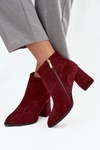 Botki Z Naturalnego Zamszu Obcas Słupek Ocieplane Bordowe Zazoo 3128 