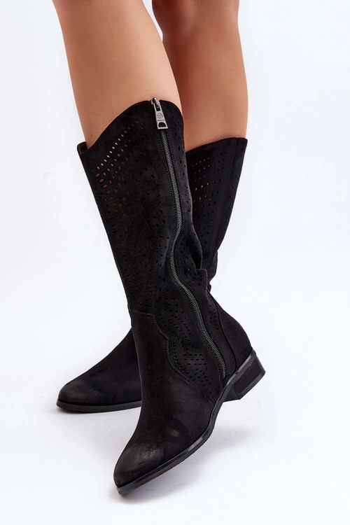 Ażurowe Kozaki Do Połowy Łydki Czarne Kleorelia