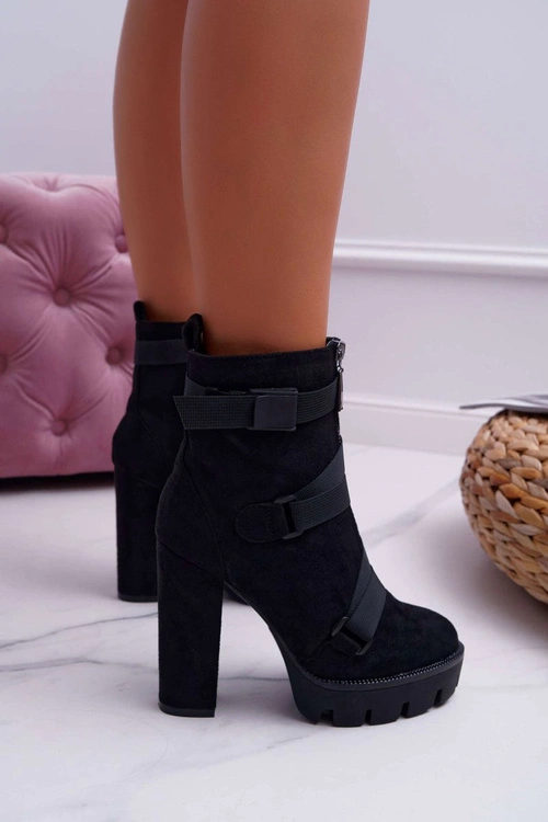 Damskie Botki Na Słupku Ocieplane Czarne Zamszowe Guiness