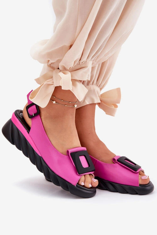 Skórzane Sandały Damskie Na Koturnie z Ozdobą Artiker 56C1571 Fuksja