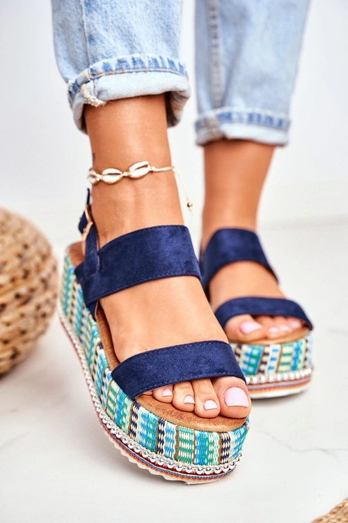 Sandałki Damskie Na Koturnie espadrylu granatowe Sandy