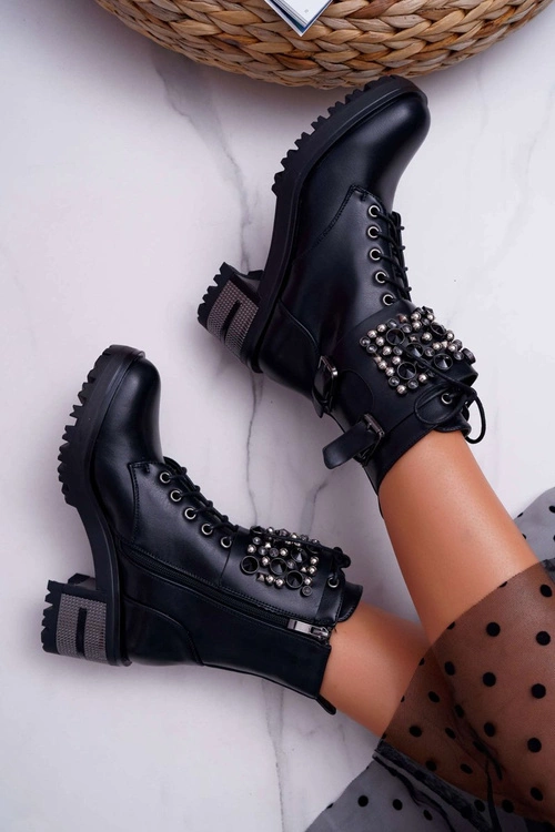 Botki Damskie Wysokie Rock Z Klapą Czarne Infinity