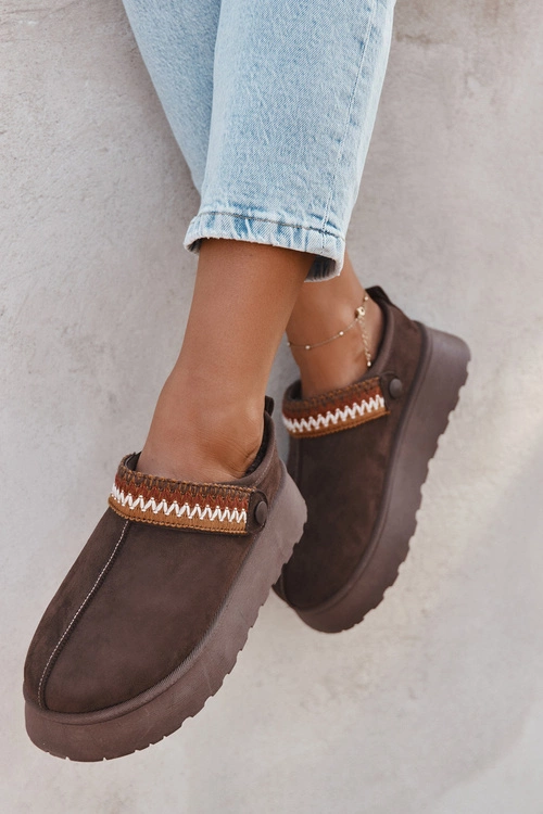 Śniegowce Damskie Niskie Z Ruchomym Paskiem I Haftem Na Platformie Czekoladowe Lyrisse