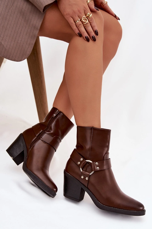 Ocieplane Botki Damskie Na Słupku Z Ozdobnym Elementem Brązowe Jurelle