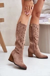 Eko Zamszowe Kozaki Na Słupku Z Ażurowym Wzorem Vinceza 58344 Ciemnobeżowe