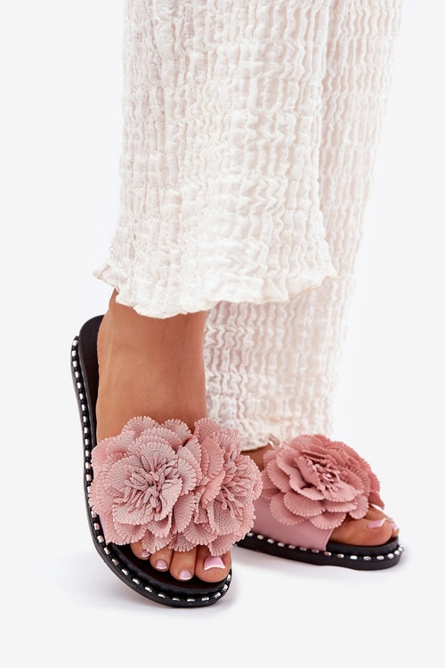 Klapki Damskie Z Materiałowymi Kwiatami Różowe Elachase