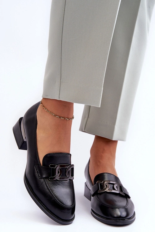 Skórzane Półbuty Mokasyny Na Obcasie Czarne Sakina