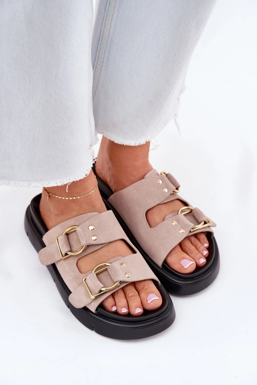 Zamszowe Klapki Damskie Z Ozdobnymi Klamrami Big Star RR274659 Jasnoróżowe