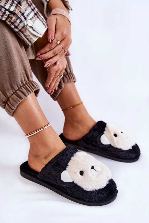 Damskie Futrzane Papcie Z Misiem Czarne Solly