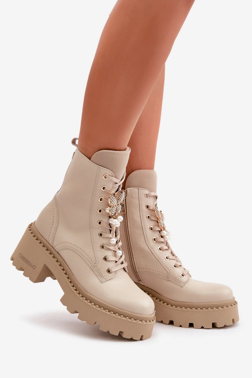 Skórzane Botki Workery Damskie Z Motylem Beżowe CheBello 4590