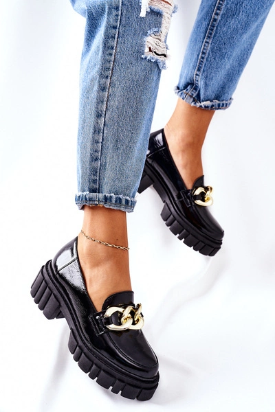 Damskie Półbuty Loafery Skórzane Czarne Laura Messi 2339