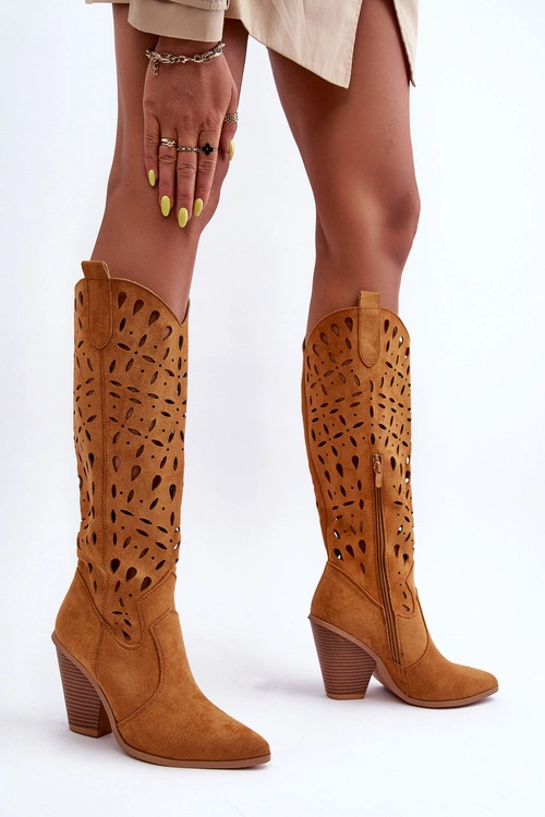 Zamszowe Ażurowe Kozaki Kowbojki Brązowe Nisu