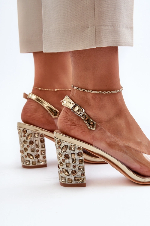 Transparentne Sandały Na Słupku Z Ozdobami S.Barski MR38-356 Złote