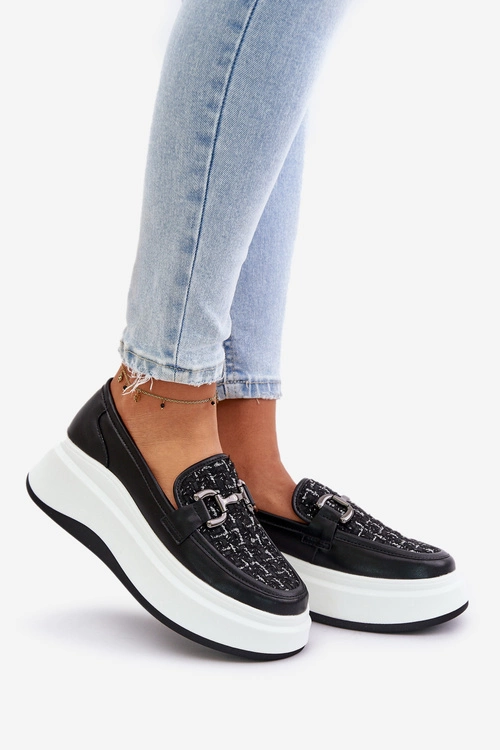 Skórzane Mokasyny Damskie Na Platformie Z Ozdobą Vinceza 89105 Czarne