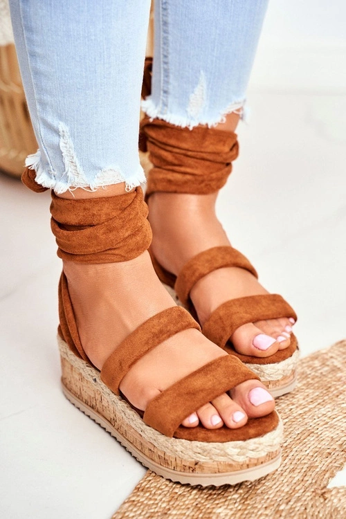 Sandały Damskie Na Platformie Wiązane Camel La Favorite