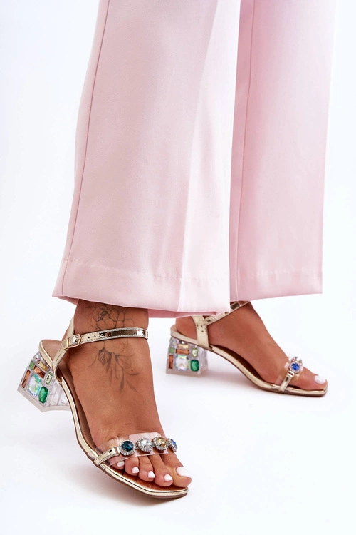 Damskie Sandały Na Obcasie Z Kryształkami Złote S.Barski MR1037-01