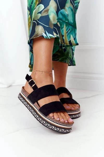 Zamszowe Sandały Na Platformie Czarne Olimpia