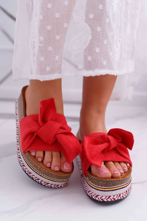 Klapki Damskie Na Platformie Z Kokardą Czerwone Chantal